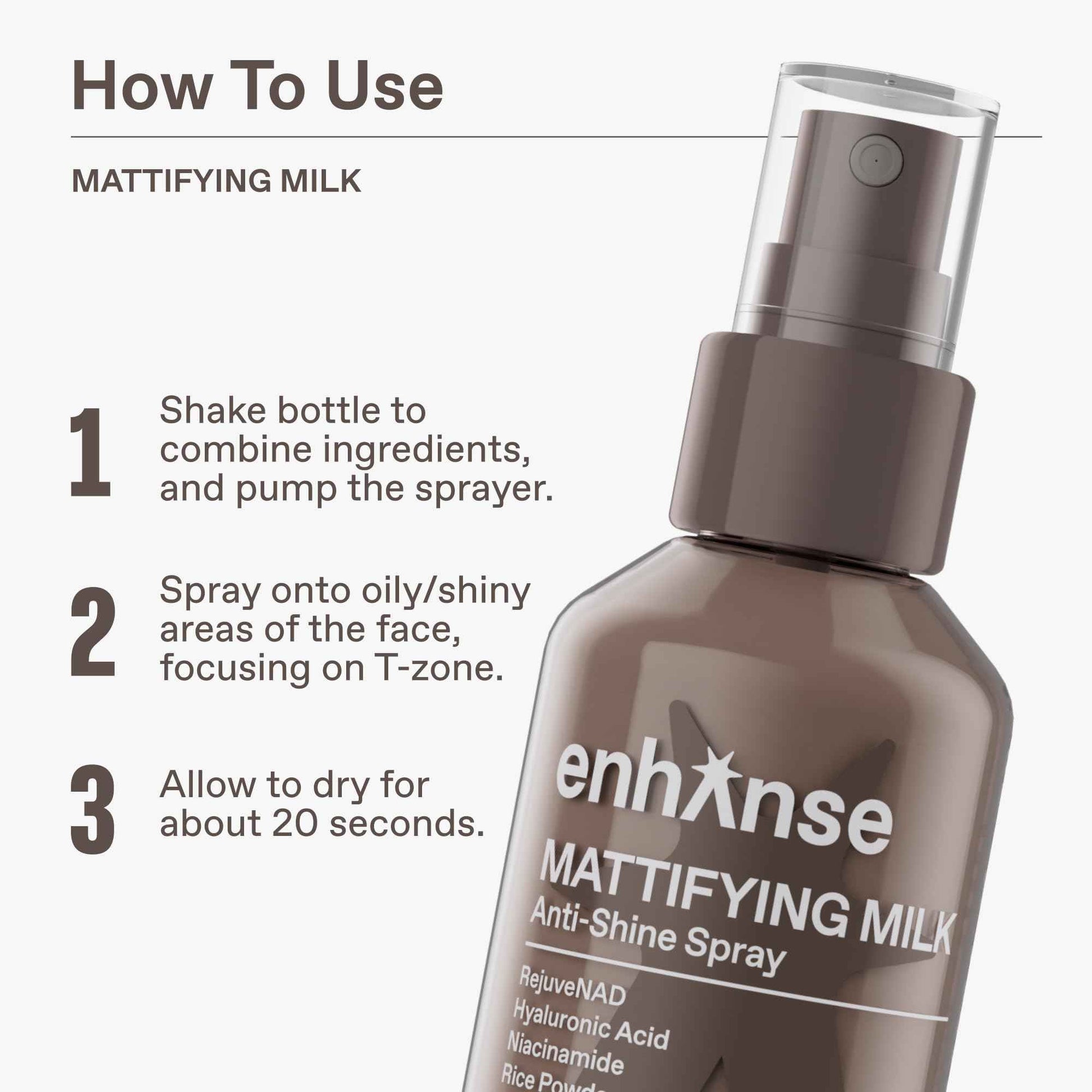 ENHANSE Mattifying Milk Anti Shine Matte Spray for Men, Hydrating Hyaluronic Acid, Rice Powder, RejuveNAD, Liquid Powder to Blur Pores & Control Shine, Clean, Oily Skin, 3.4 Fl Oz