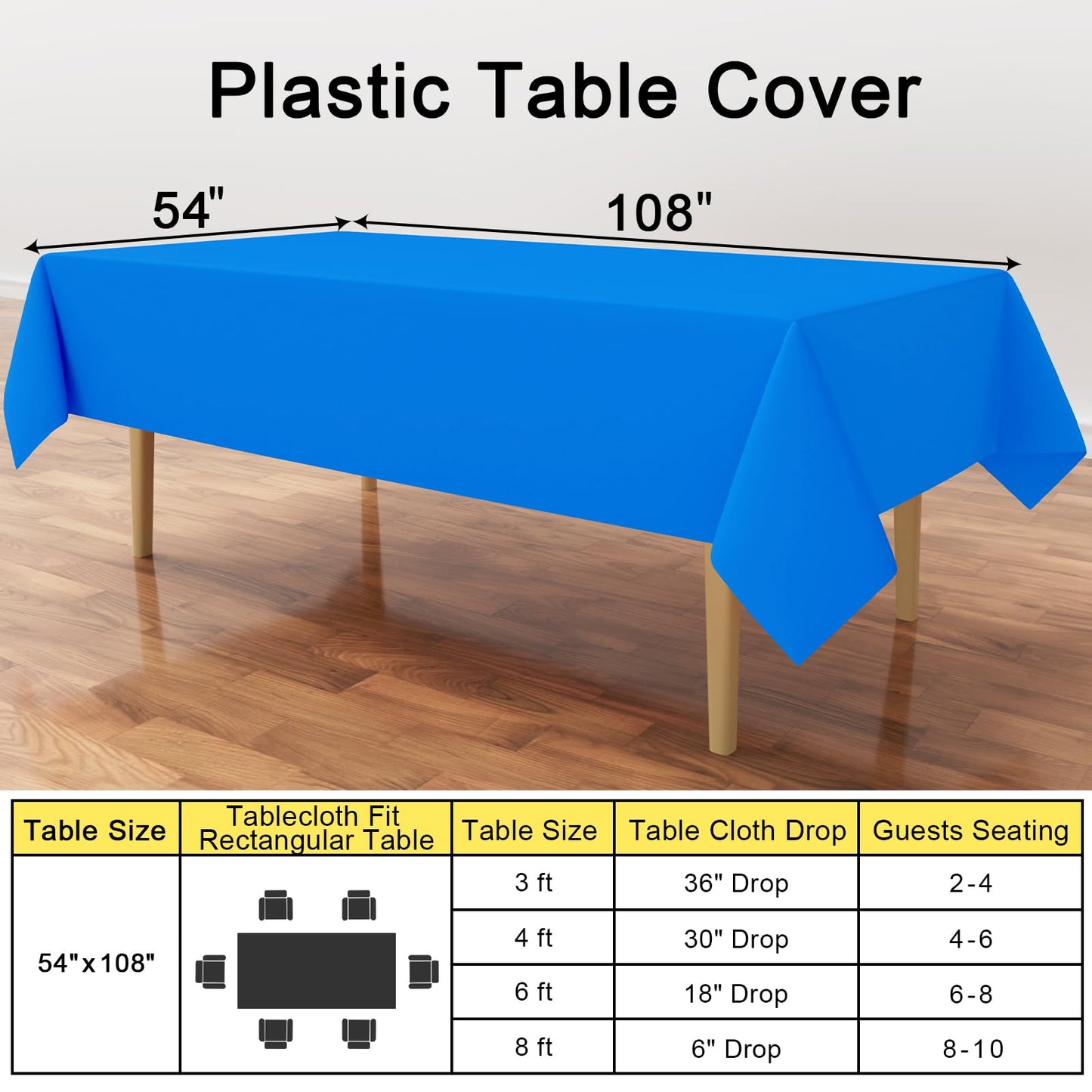 Smiry Disposable Table Cloth - 6 Pack, 54 x 108 Inch Table Cloths for Parties, Decorative Tablecloths for Rectangle Tables, Waterproof Plastic Table Cover, Leakproof & Sturdy, Blue