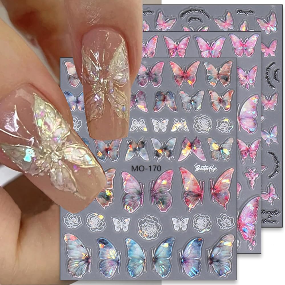 5D Aurora Butterfly Nail Stickers for Women Cartoon Butterfly Nail Art Stickers for Nail Designs Embossed Butterfly Stickers for Nails Design Rose Flower Butterfly Nail Decals for Nail Art Supplies