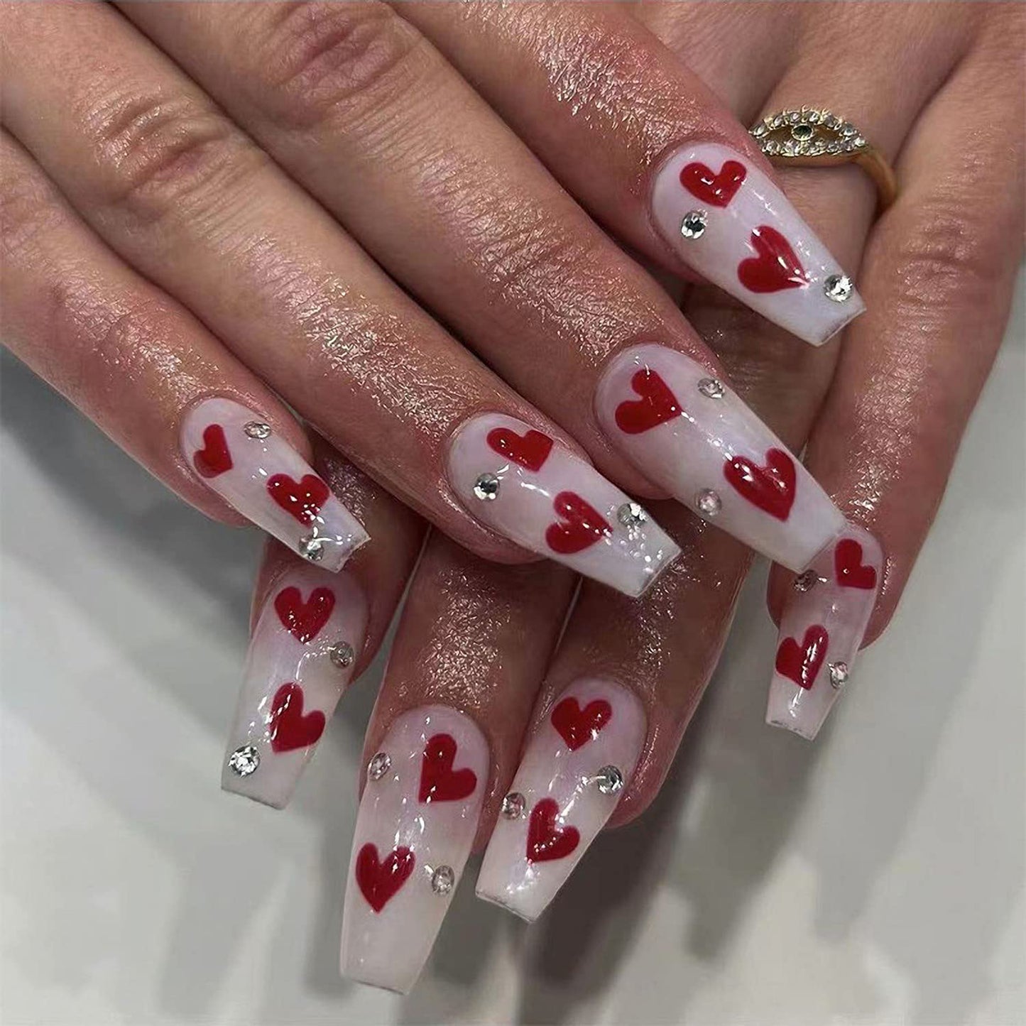 Valentine's Day Press on Nails Medium Red Heart Fake Nails with Rhinestones Glossy Nude Glue on Nails Medium Length Acrylic Nails for Women Girls Valentines Decorations, 24PCS