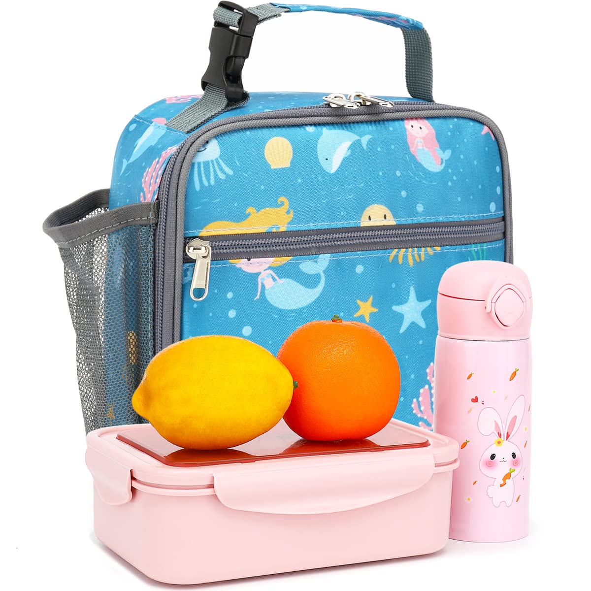 FlowFly Kids Lunch box Insulated Soft Bag Mini Cooler Back to School Thermal Meal Tote Kit for Girls, Boys, Mermaid