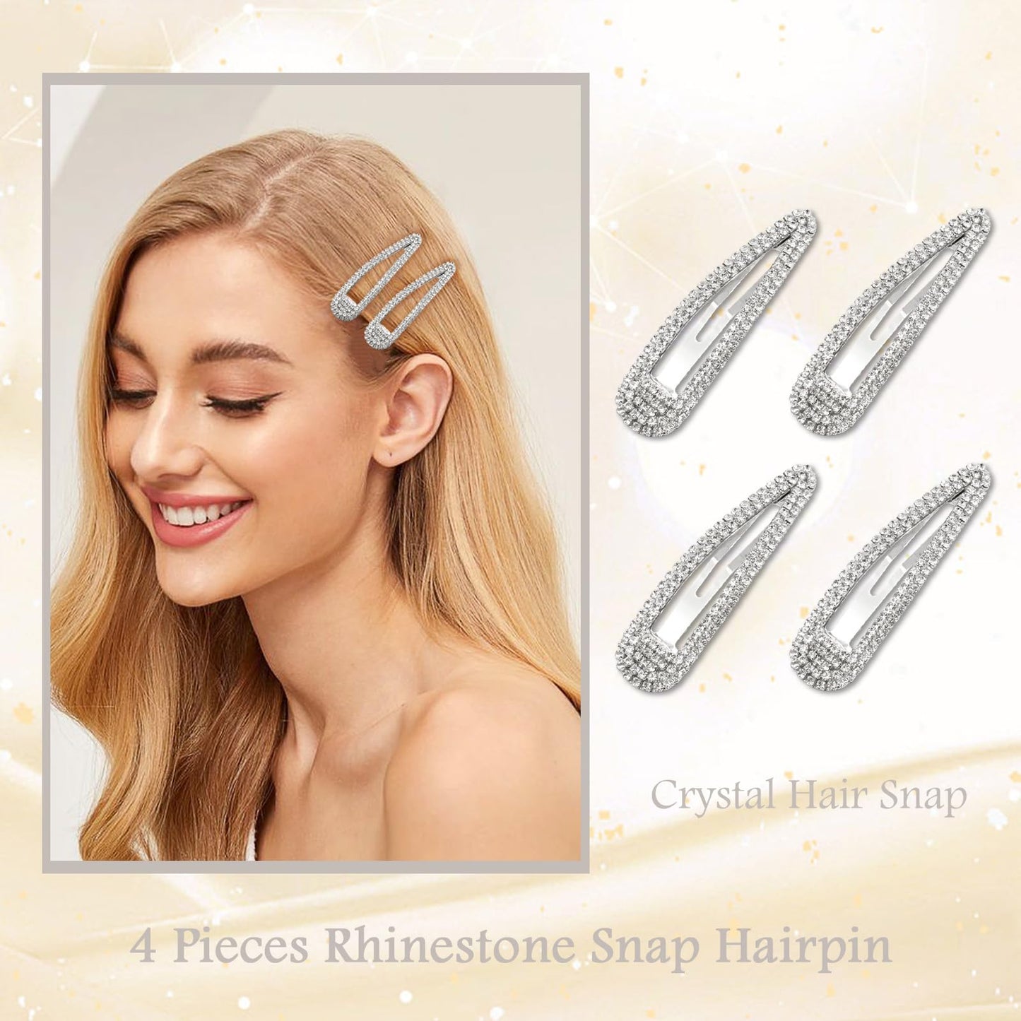 FULZTEY 4 Pcs Silver Rhinestone Hair Clips for Women Girls Metal Snap Hairpins Bling Crystal Hair Barrettes Glitter Diamond Barrettes Duckbill Side Hair Clip Decorative Makeup Hair Accessories