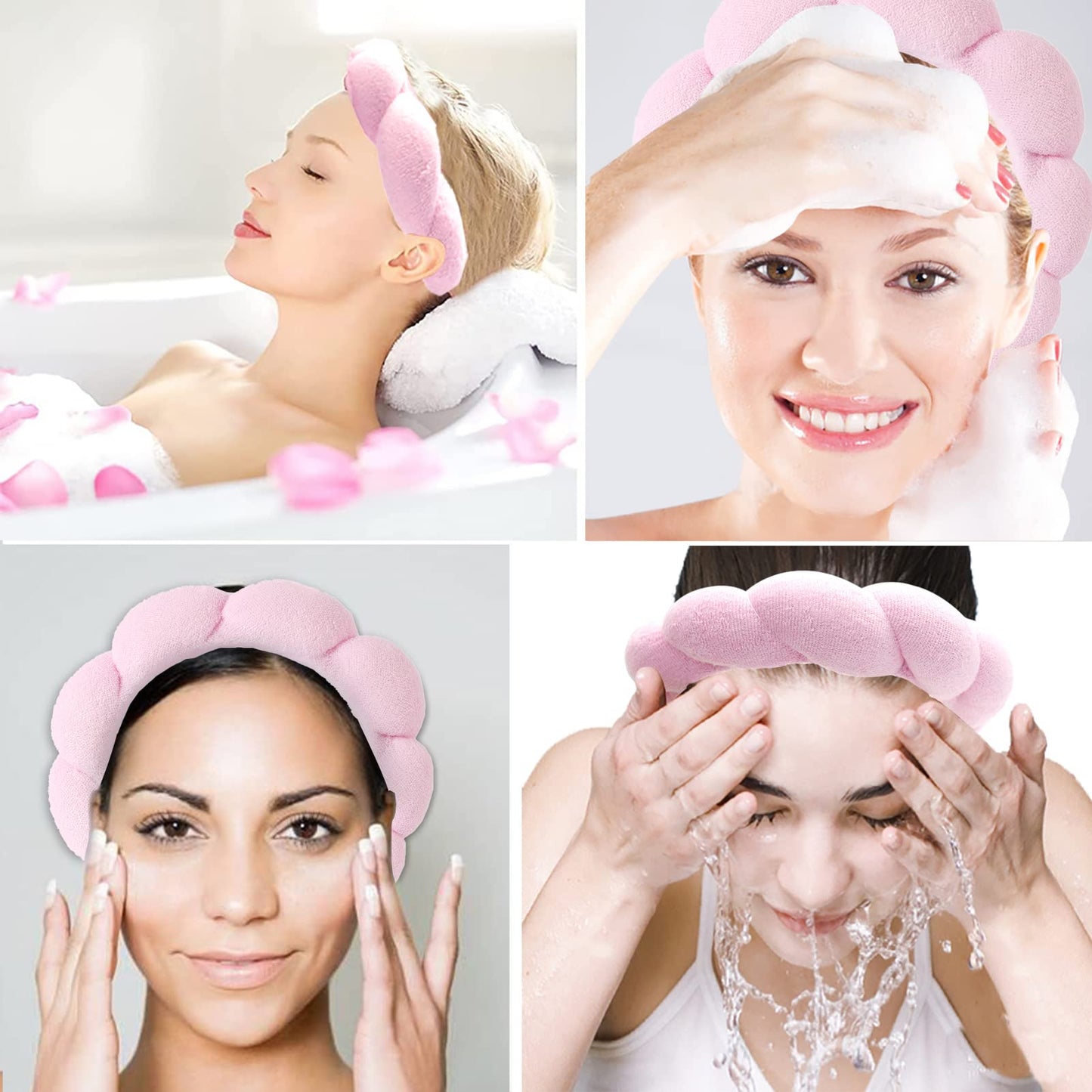 Spa Headband and Wristband Scrunchies for Washing Face, Terry Cloth Towel Head Band for for Makeup Removal, Shower (Pink)