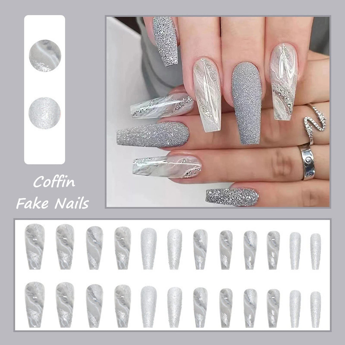 MISUD 24 pcs Coffin Press on Nails Long Fake Nails Ballerina Acrylic Nails Bling Artificial Nails Glossy Glue on Nails Grey Marble False Nails with Luxury Sparkly Glitter Design