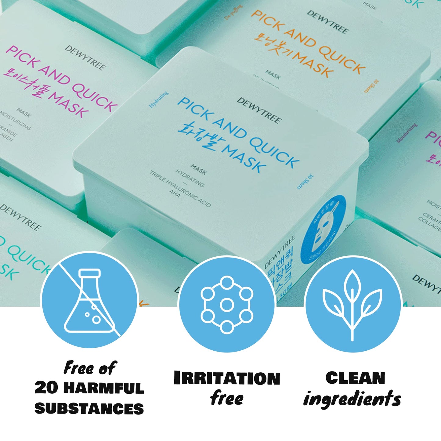 DEWYTREE Hyaluronic Acid Moisturizing Mask Sheet for Perfect Makeup, Dispenser Type Refreshing Aqua Mask 30 Sheet - Pick and Quick, Enriched with Amino Acids for Hydrating and Removing Dead Skin Cells