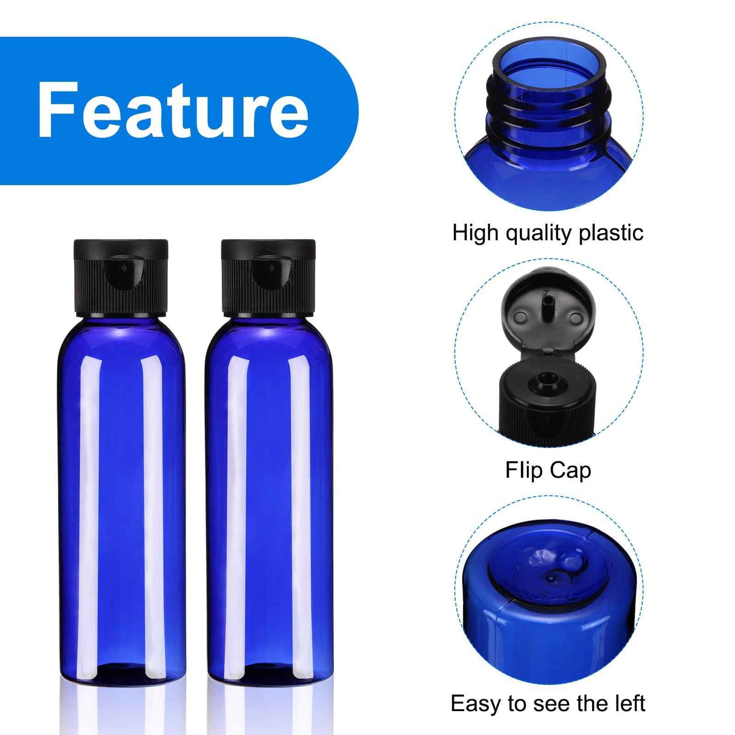 uxcell 2oz Plastic Bottles with Flip Caps, 24 Pcs Reusable Travel Size Containers with Lids Plastic Squeeze Refillable Dispensing Bottles for Shampoo, Body Soap, Toner(Blue Black)