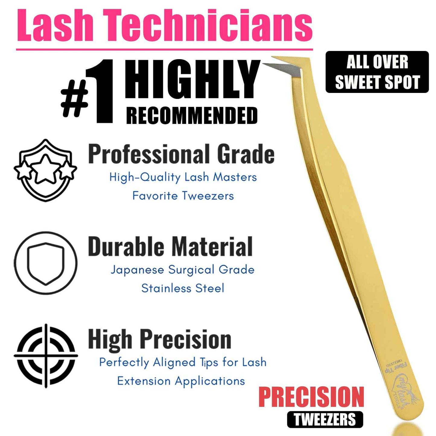 My Lash Tools Fiber Tip Lash Tweezers for Eyelash Extensions Pro Tweezer for Volume Lashes Japanese Stainless Steel Mink Lashes Fan Making Mega Volume Boot Angled Lashing Tweezers (Gold)