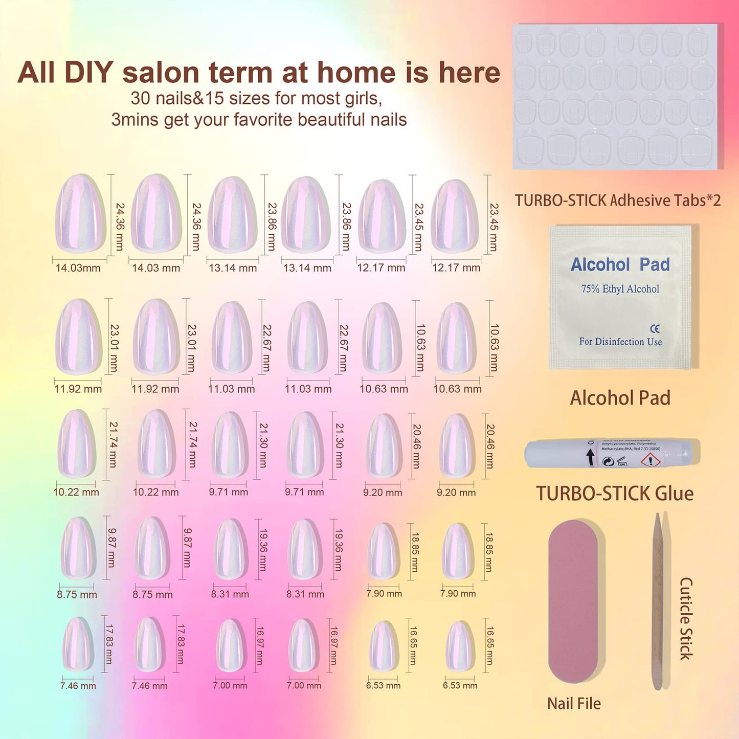 Polychrome&air Press On Nails Short Squoval ABS Natural Fit Fake Nails with Jelly Glue Reusable Manicure Glue On Nails Woman and Girl False Nails UV Cover Gel Glossy Nails 15Sizes 30PCS（Magic Color)