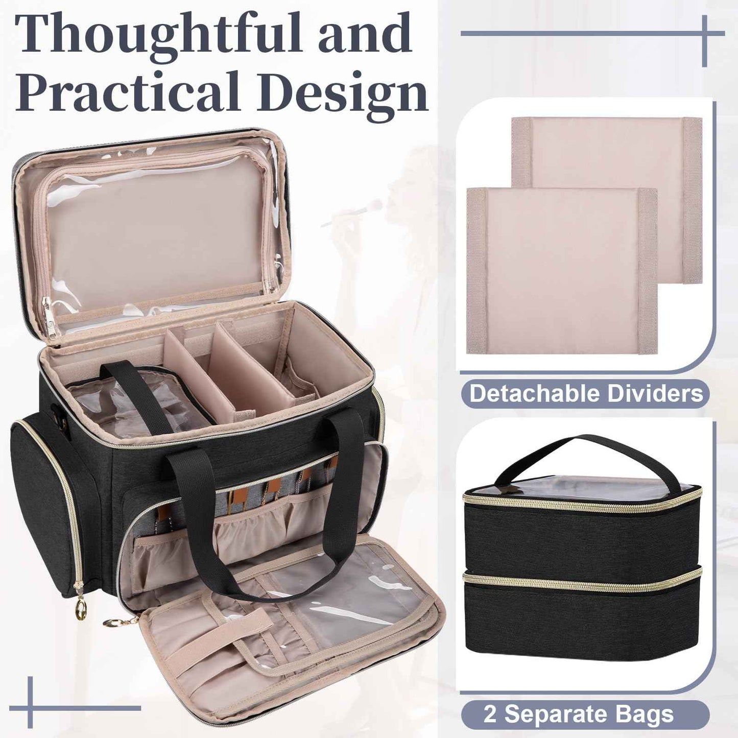 Large Makeup Bag, Portable Travel Makeup Bag Organizer for Women Girls with 2 Removable Pouches & Detachable Dividers, Cosmetic Travel Bag, Toiletry Bag for Makeup and Hair Supplies Black