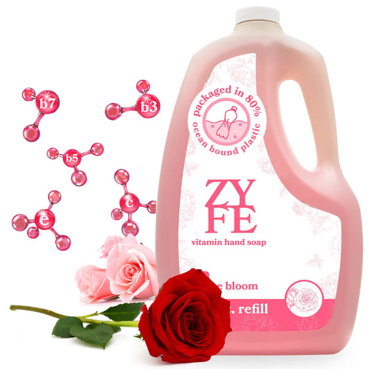 ZYFE Vitamin Hand Soap Refill - Liquid Hand Soap - Natural Plant Derived Moisturizing Handsoap with Essential Oil Fragrance Rose Bloom - Soft Hand Wash for Kitchen & Bathroom - Lush Soft Soap 64oz