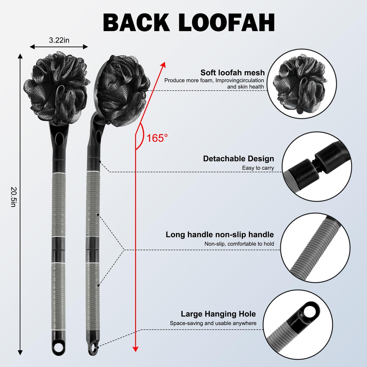 Loofah with Handle, 21.7” Detachable Loofah Back Scrubber, Back Loofah, Exfoliation and Improved Skin Health, Shower Loofah for Shower for Men Women（Black）