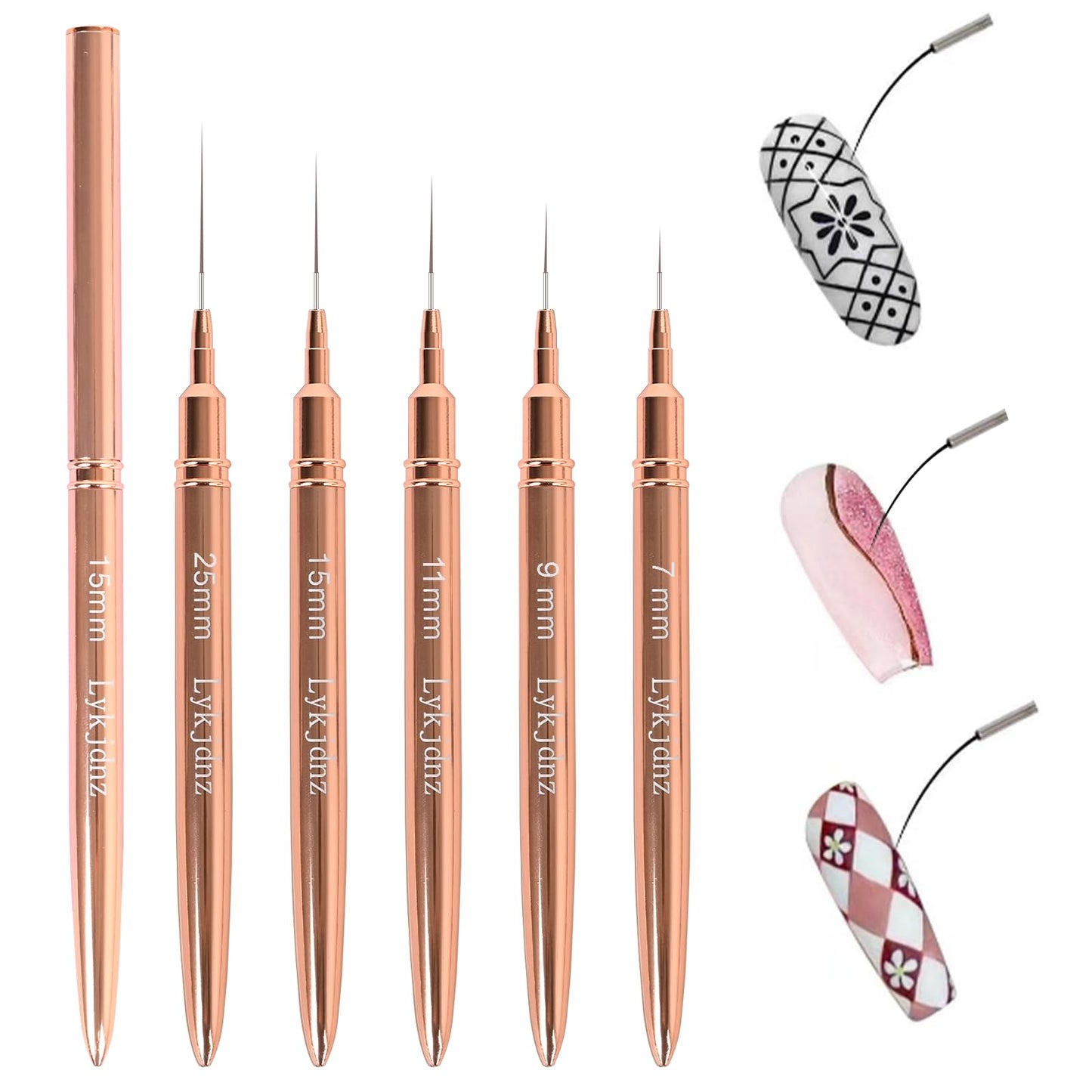 5pcs Nail Art Liner Brushes,Liner Brush For Nails,Nail Art Brush For Long Lines,Thin Details,Fine Drawing,Liner Brush UV Gel Polish Painting Nail Design Sizes 7/9/11/15/25mm（Rose Golden）