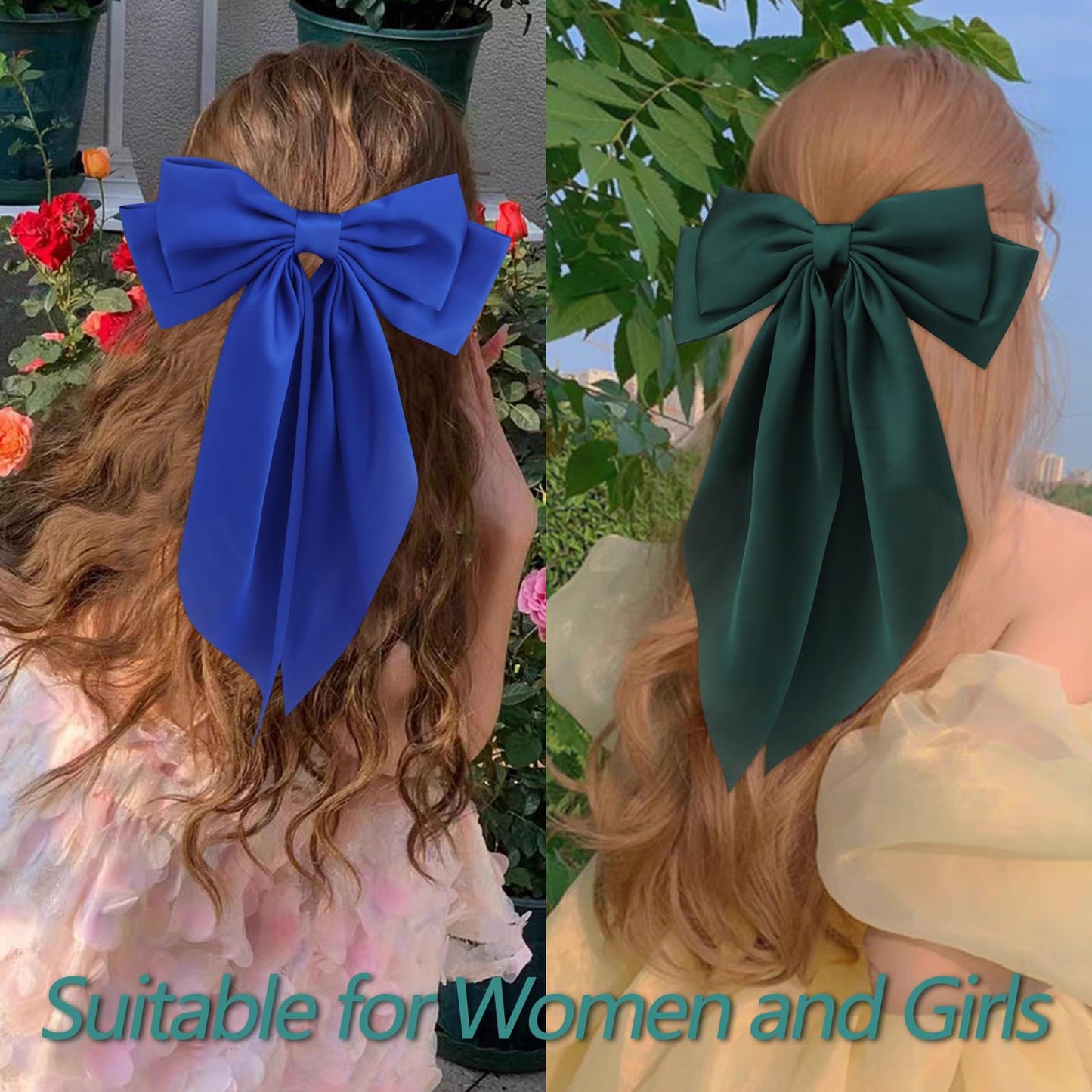 Velscrun 3Pcs Women's Hair Accessories: Large Satin Bows and Barrettes in Red, Blue, and Green - Perfect Gift