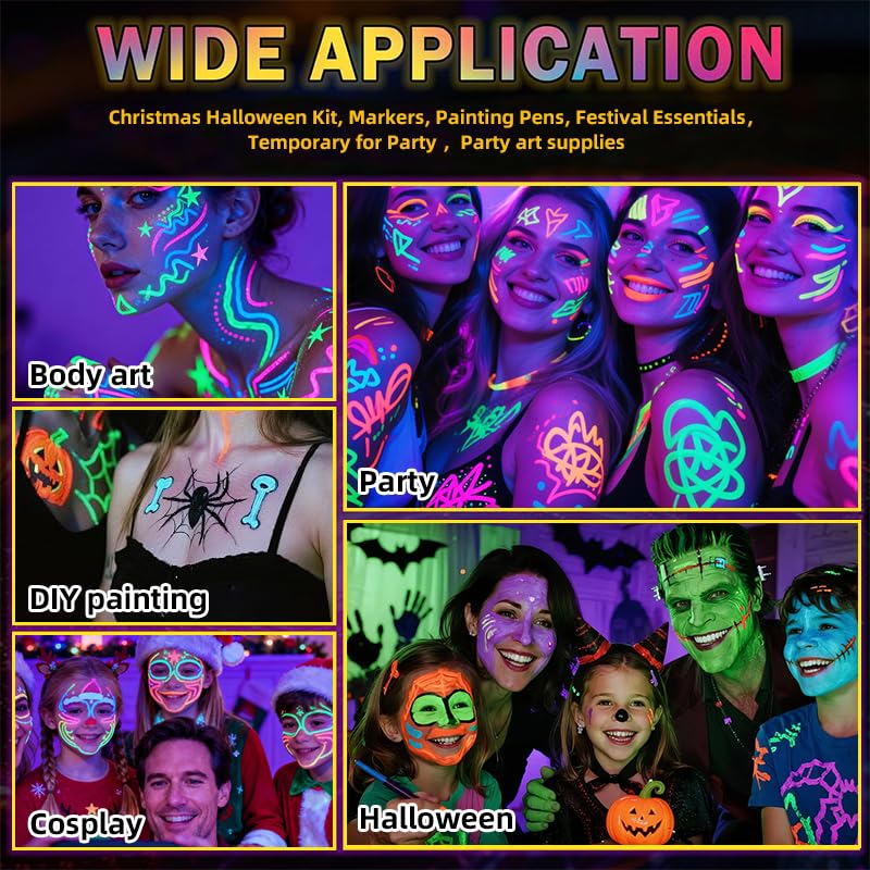 12-Color UV Glow Body Paint Marker Set - Washable Neon Makeup