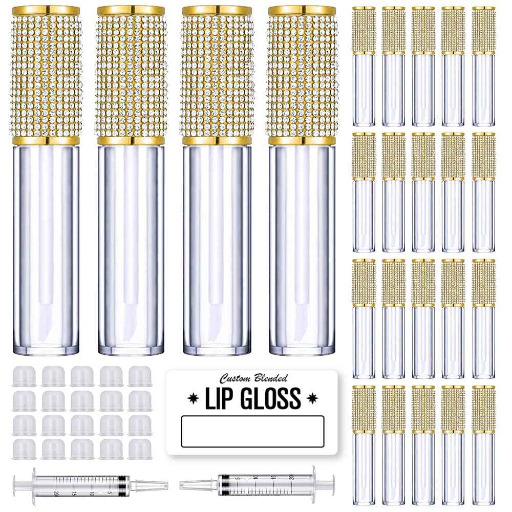 AMORIX 24 Pack Gold Crystal Lip Gloss Tubes with Wand 5ml Empty Lip Gloss Containers Lipgloss Bottles with Stoppers 2pcs Syringes + Labels for DIY Lip Gloss Balm