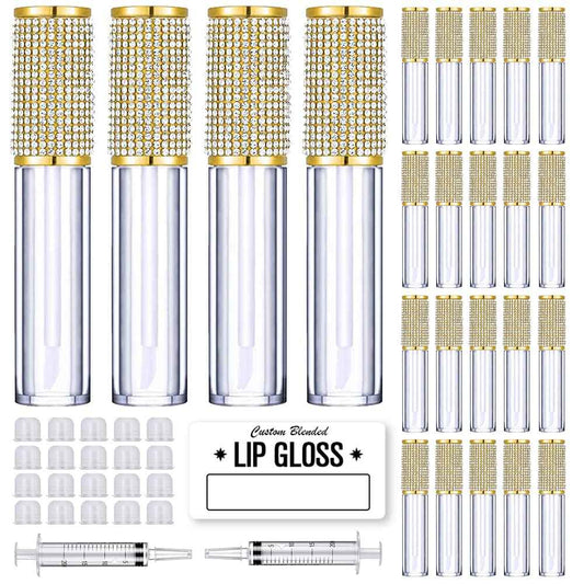 AMORIX 24 Pack Gold Crystal Lip Gloss Tubes with Wand 5ml Empty Lip Gloss Containers Lipgloss Bottles with Stoppers 2pcs Syringes + Labels for DIY Lip Gloss Balm