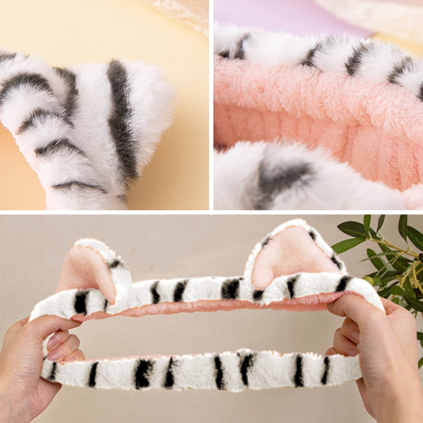 AEGYPIUS Soft and Comfy Face Wash Headband and Wristband Set | Spa Headband for Washing Face | Cute Tiger Design | 3-Piece Set Skincare Headbands Hair Band Women Facial Makeup Tiger Head Band (White)