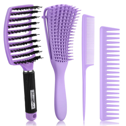 Hommtina Detangling Brush 4 Pack Curly Hair Brush Getting Shine and Makes Hair Smooth, Detangler Boar Bristle Hair Brush for Adult & Kids Wet or Dry Hair (4 PCS, Purple)