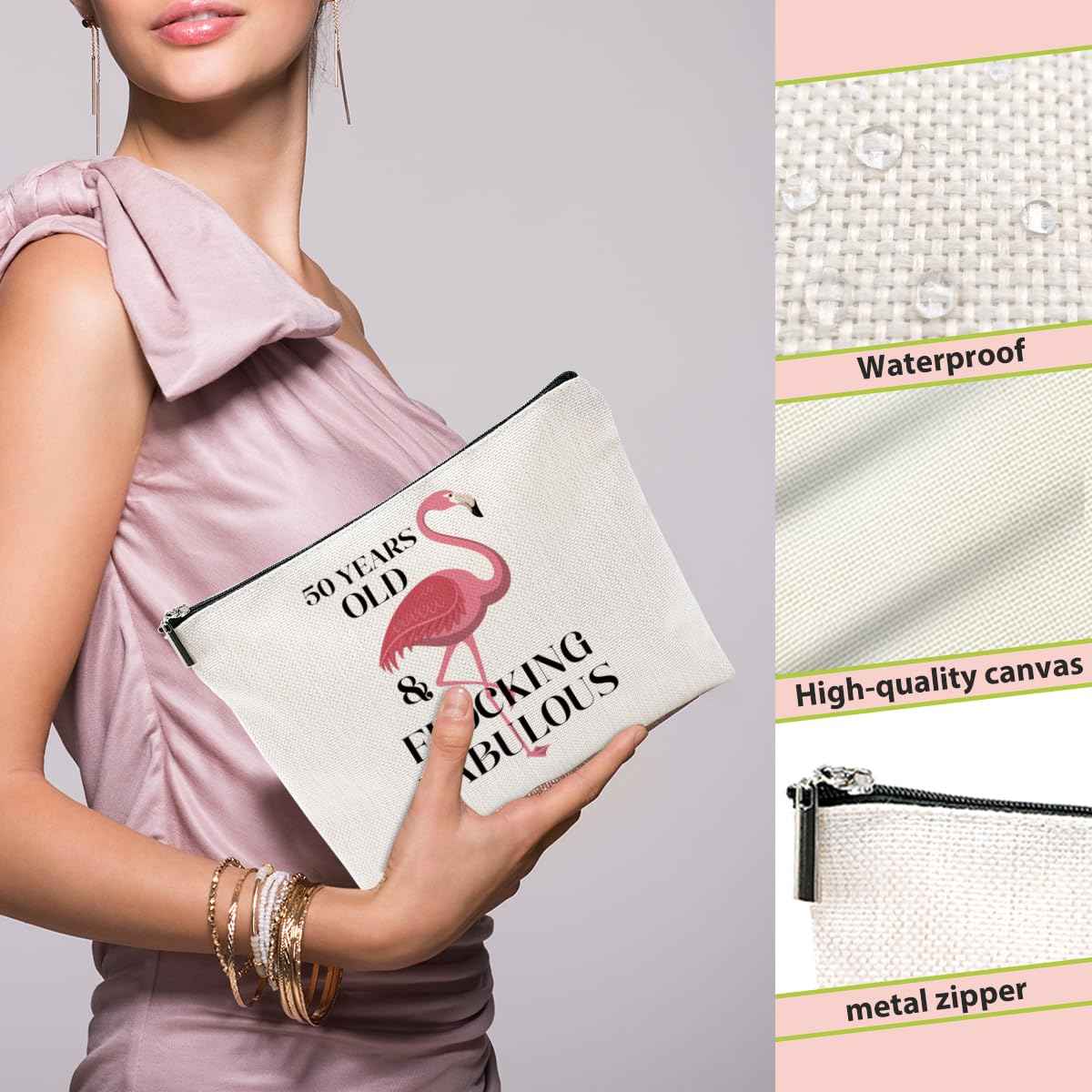 BQXH 50th Birthday Gifts for Her, Gifts for 50th Birthday Woman, Flamingo Gifts Funny Makeup Bag, 50 Year Old Gifts for Women Grandma Mom, Turning 50 Cosmetic Bag, Flamingo Lover Gifts Toiletry Bag