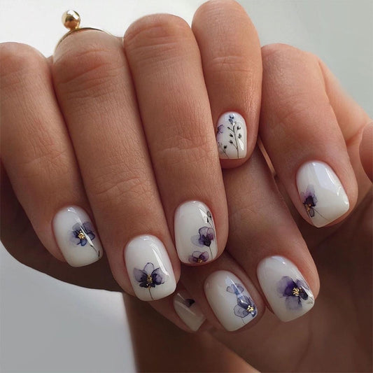 Square Press on Nails Short Cute White Nails Acrylic False Nails with Purple Flower Designs Artificial Fake Nails Reusable Glue on Nails for Women and Girls