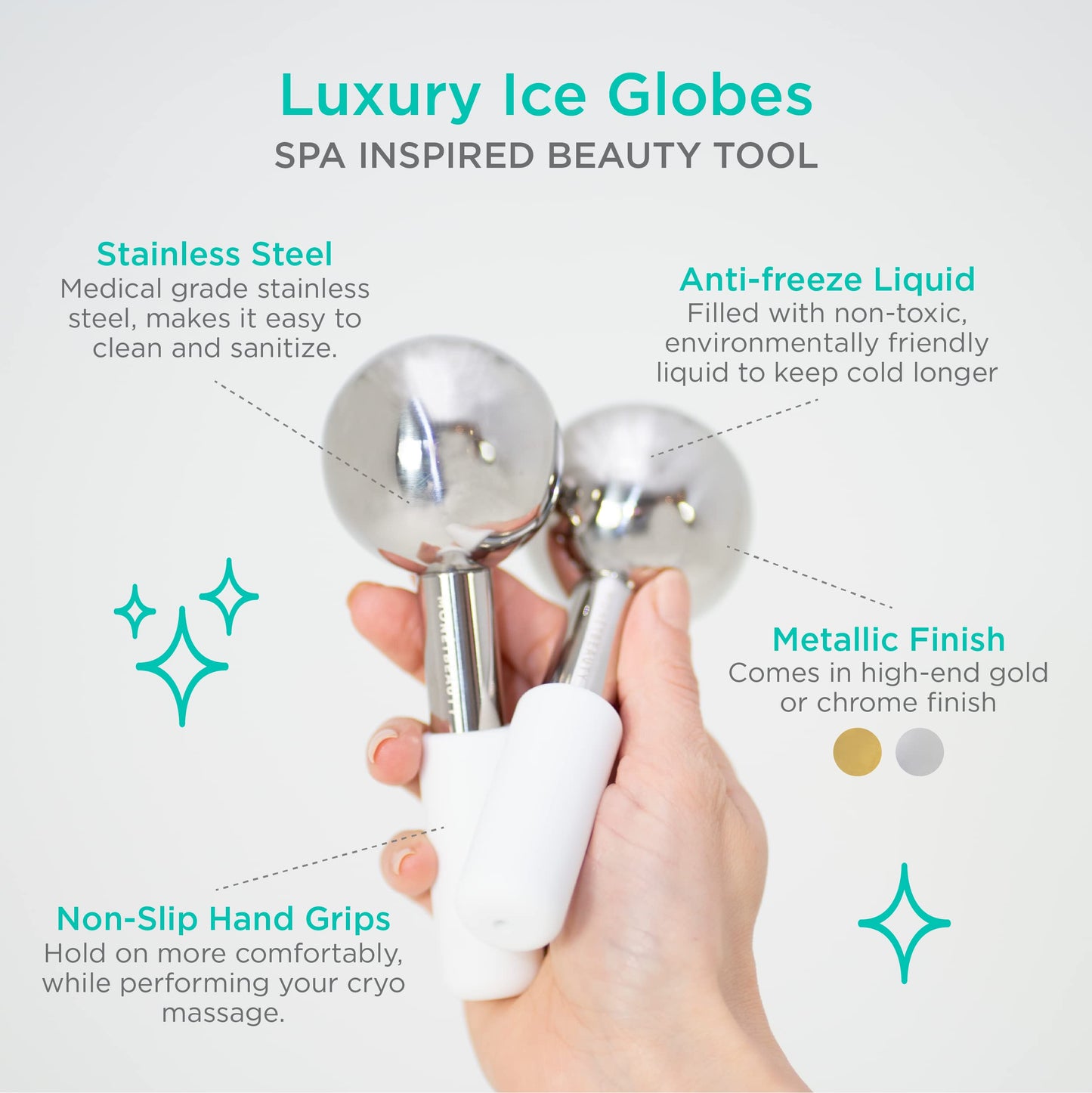 MonétBeauty Stainless Steel Ice Globes for Facials (Silver), Durable Cryo Globes Instantly Reduce Puffiness, Tighten Pores and Sinus Relief, Face Globes for Facial Massages and Daily Beauty Routines