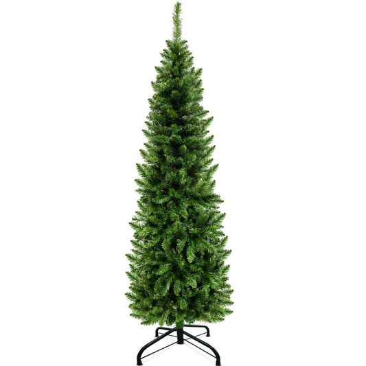 TURNMEON 5 Ft Pencil Christmas Tree with Thick 550 Tips, Metal Stand, Hinged Premium Realistic Spruce Green Branch Artificial Xmas Slim Tree Decor Home Indoor Outdoor Party