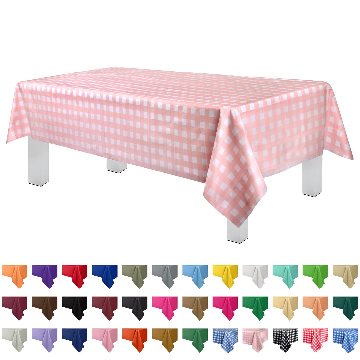 Grandipity Pink Checkered Gingham 12 Pack Premium Disposable Plastic Tablecloth 54 Inch. x 108 Inch. Decorative Rectangle Table Cover