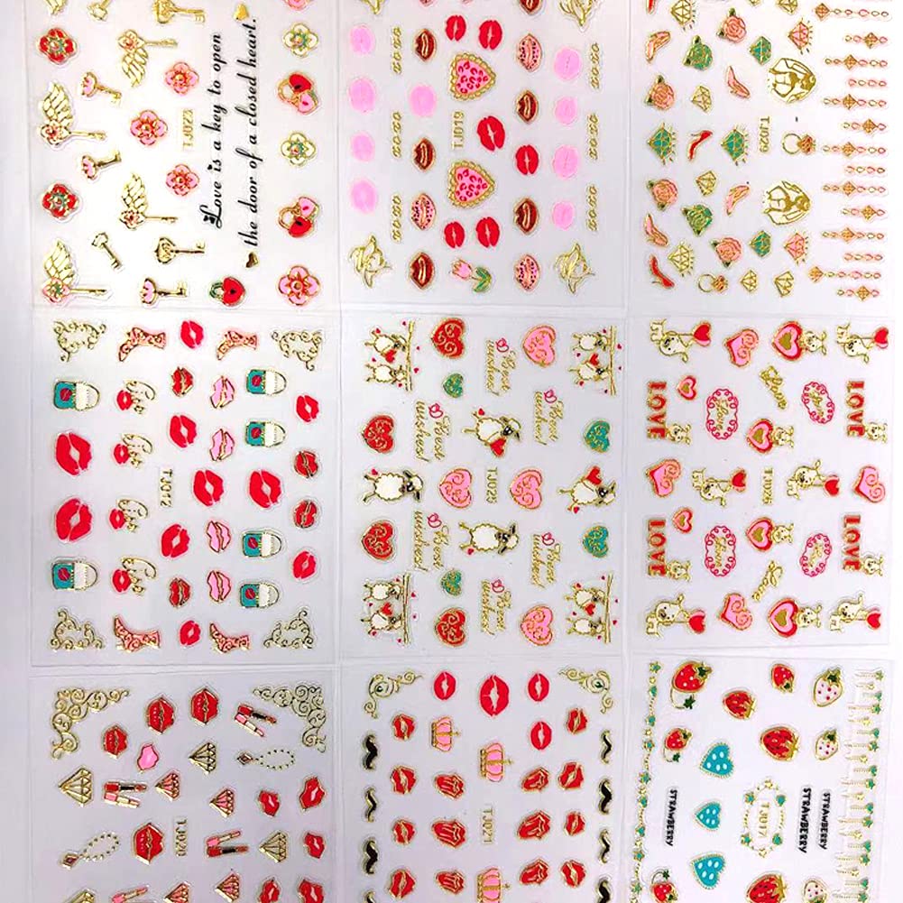 30 Sheets Valentine's Day Nail Stickers Flower Heart Nail Decals Fruit Cake Red Lip Series 3D Gold Nail Art Supplies Self-Adhesive Nail Art Design Sticker for Women Girl Manicure Decorations Accessory