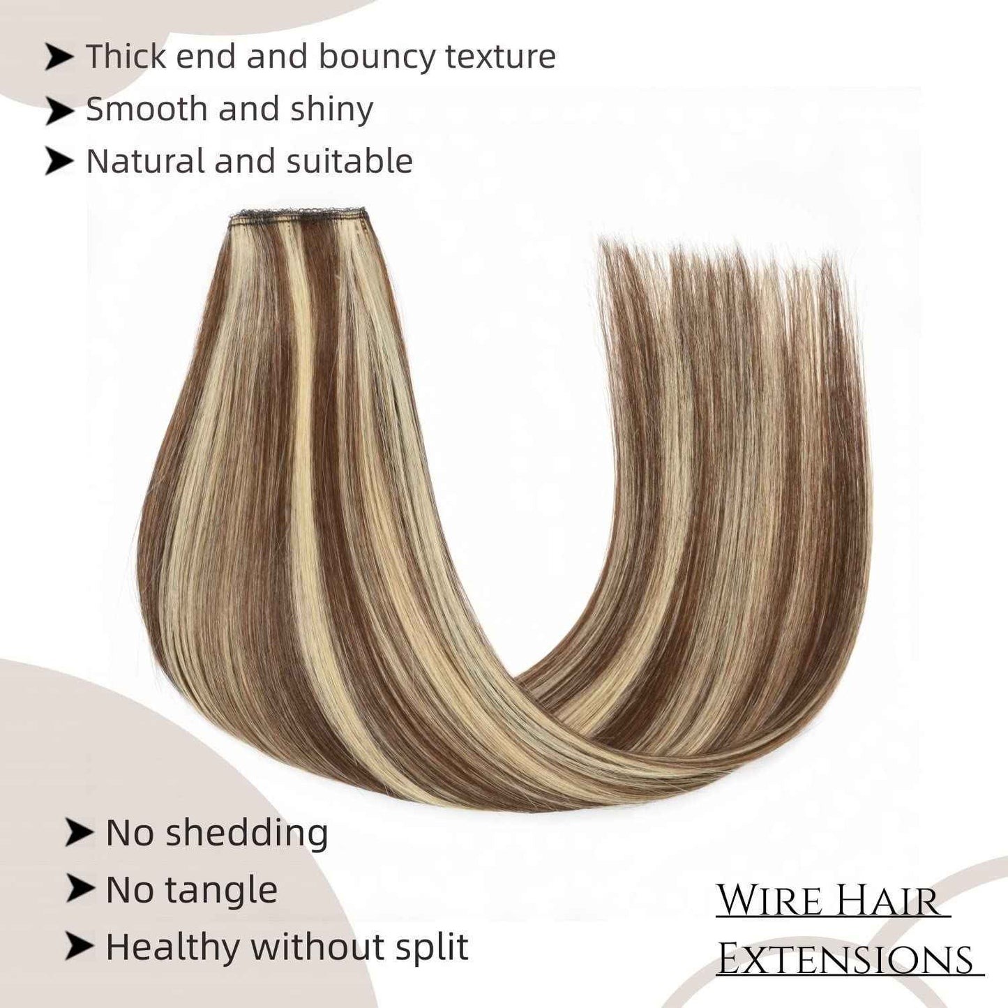 Wire Hair Extensions Real Human Hair One Hairpiece for a Full Head with Invisible Fish Line Brown Highlighted Golden Blonde 14 Inch 80g #4/613 Fish Wire Hair