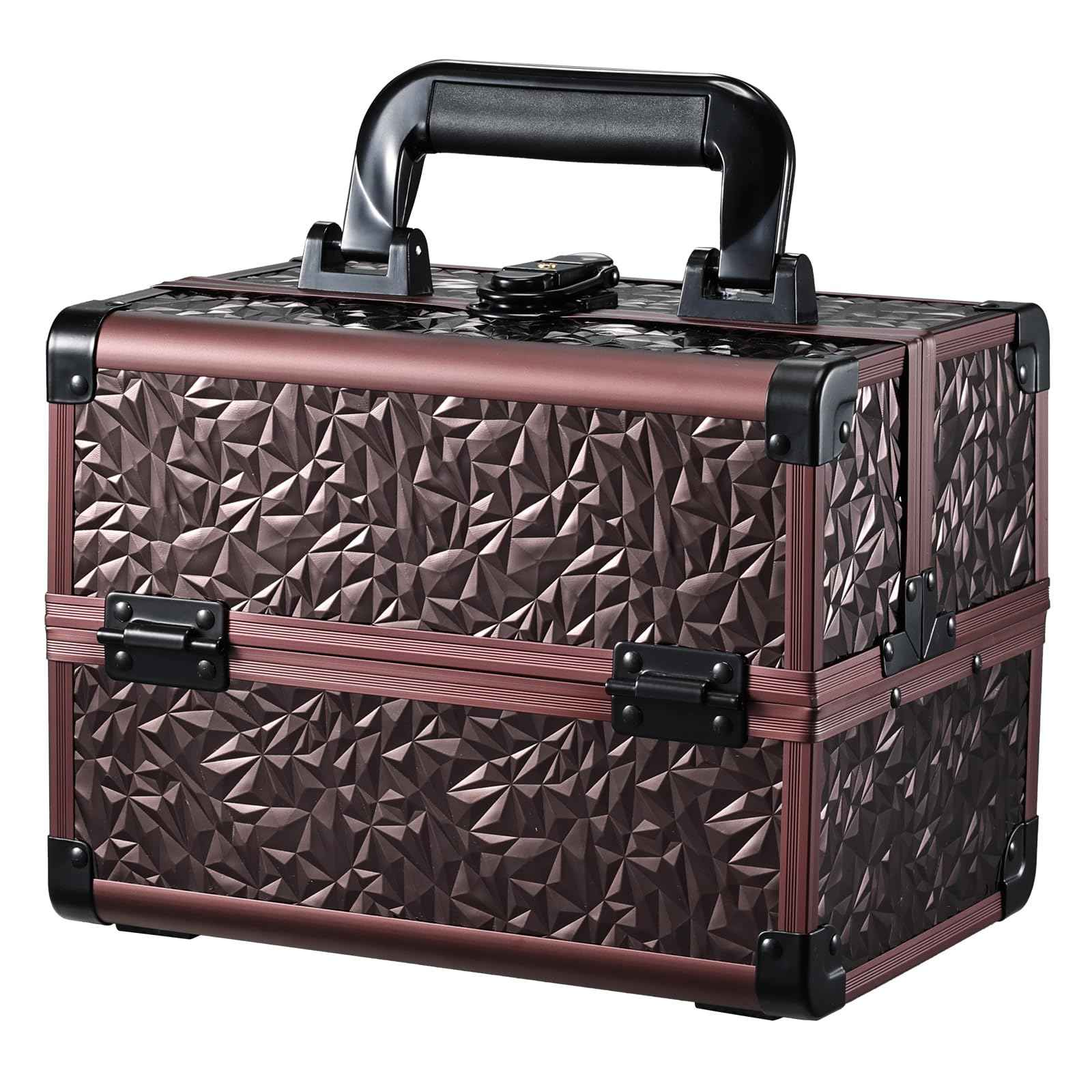 Joligrace Makeup Train Case Cosmetic Box Portable Makeup Case Organizer 2 Trays Makeup Storage with Mirror Locking for Cosmetologist Aesthetic Supplies Nail Tech Traveling Makeup Box Dark Brown