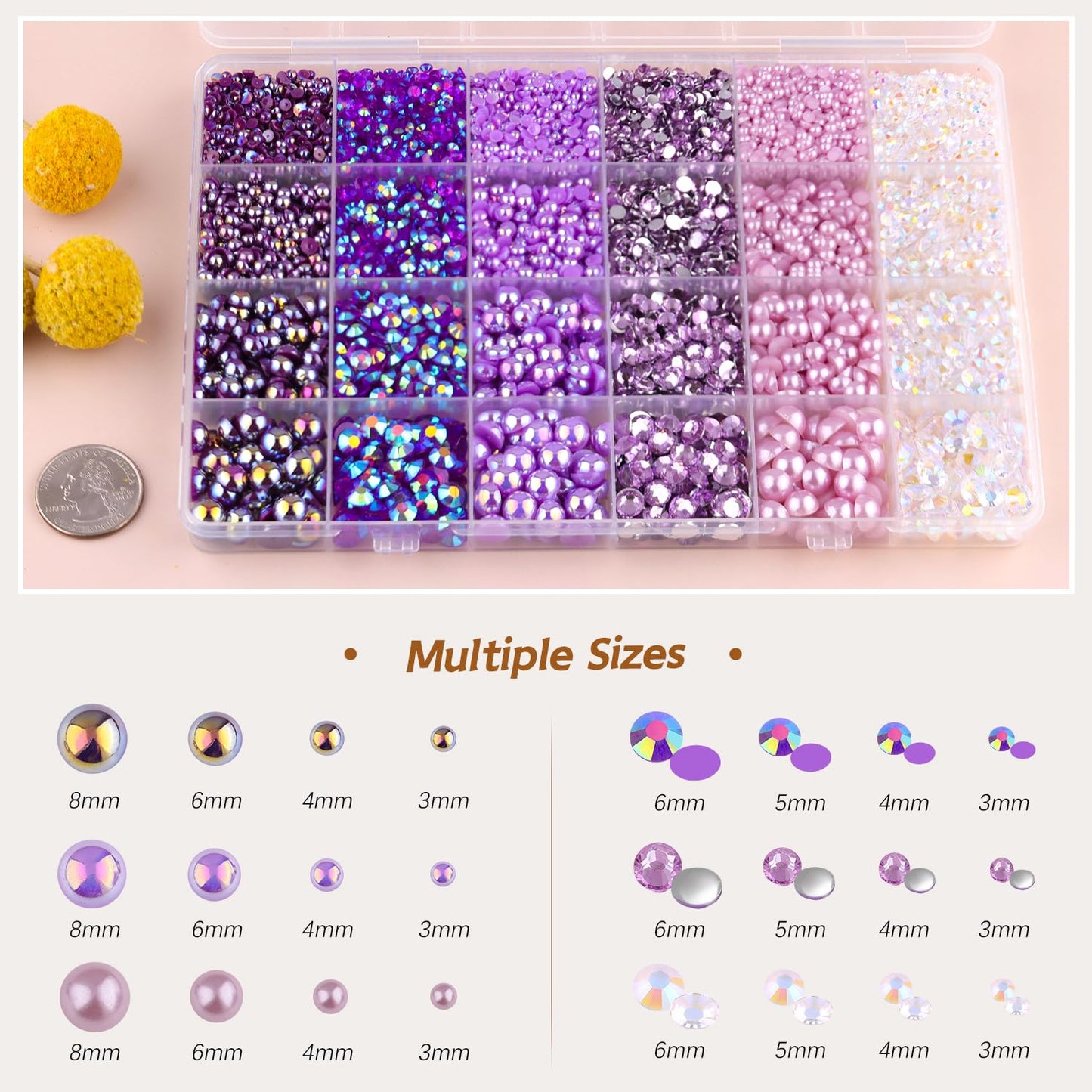 9000PCS Flatback Pearls and Rhinestones for Crafting, Purple 3-10mm Resin Rhinestones and Half Pearls for Bedazzling, Nail Art and Dec with 3pcs B7000 Jewelry Glue, Tweezer and Pickup Pencil