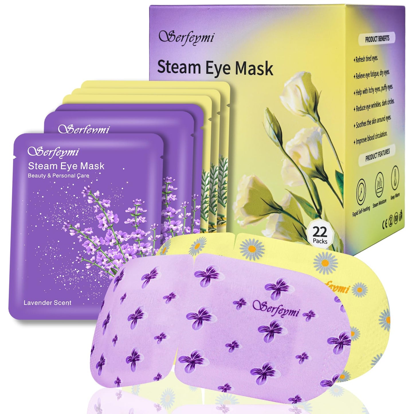 Serfeymi 22 Packs Steam Eye Masks Self Heating Warm Eye Mask, Disposable Eye SPA Heated Eye Mask for Sleeping,Relief Eye Fatigue, Gifts for Mother's Day - Upgraded (Lavender 11PCS+ Chamomile 11PCS)