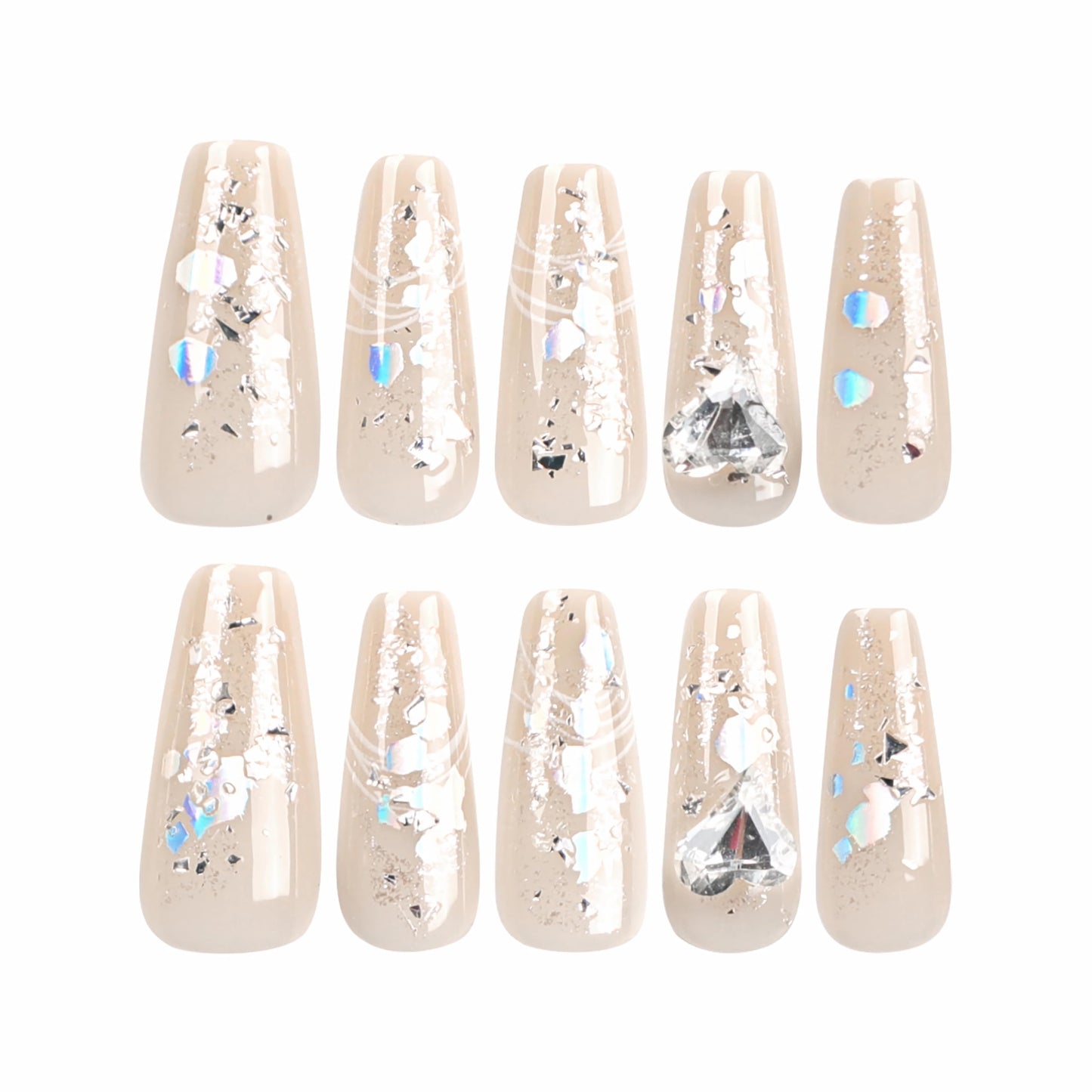 BABALAL Coffin Press on Nails Long Fake Nails Nude Glue on Nails Glitter Foil Shiny Valentines Acrylic Nails 3d Heart Charm 24Pcs Ballerina Manicure Sparkly Sequins False Nails for Women and Girls