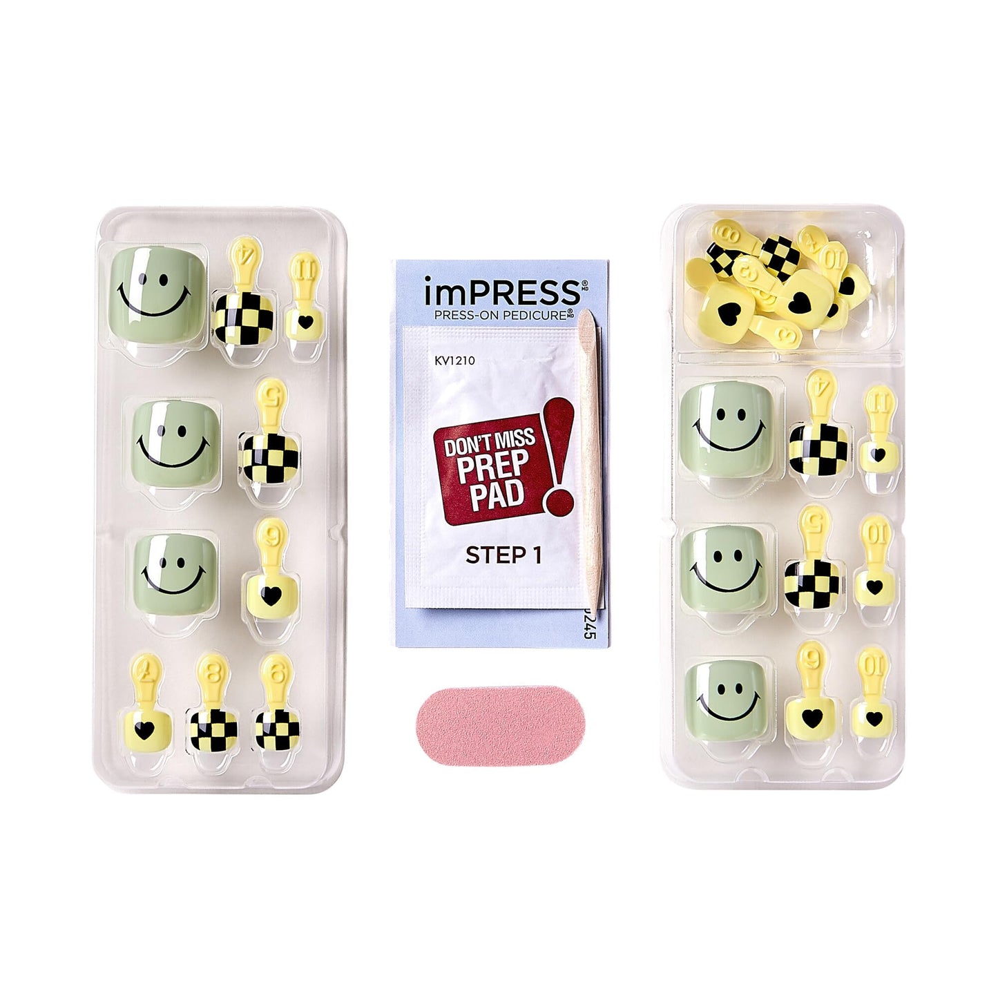 KISS imPRESS No Glue Pedi Press-On Toenails, Green, Smile Face, Yellow Chess, Squoval Shape, Includes 24 Nails, Prep Pad, 1 Manicure Stick, 1 Mini File