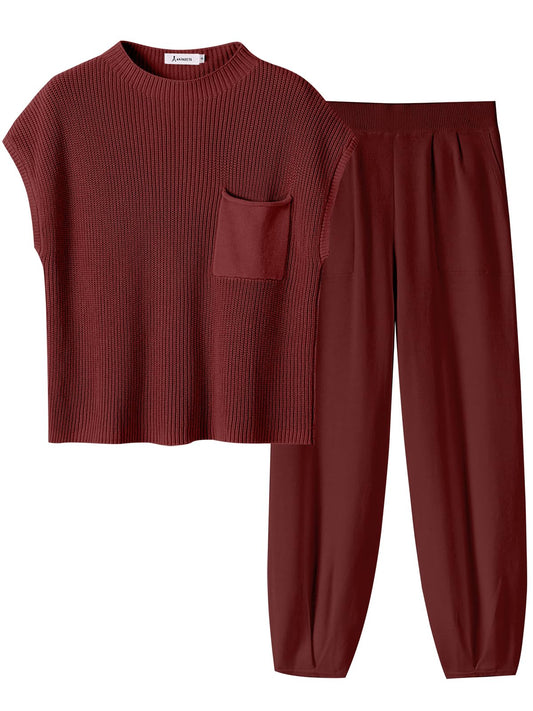 ANRABESS Women's Two Piece Outfits Knit Sweater Pullover Crop Top & Pants Lounge Matching Tracksuit Sweatsuit Sets 2024 Trendy Loungewear Clothes Red X-Small