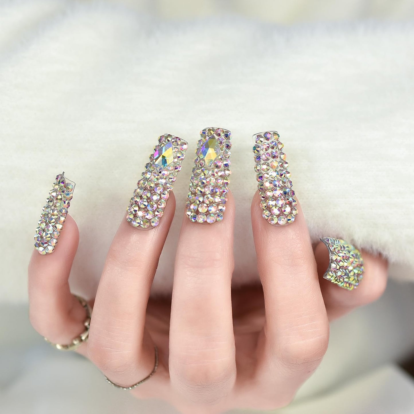 Shiny 3D Crystal Rhinestones Press on Nails, Coolnail Long Square Holo Diamond Handmade Jewelry Fake Nails With Glue Sticker, Gems Full Cover Glue on Nails, Luxe Nails for Party Women & Girl