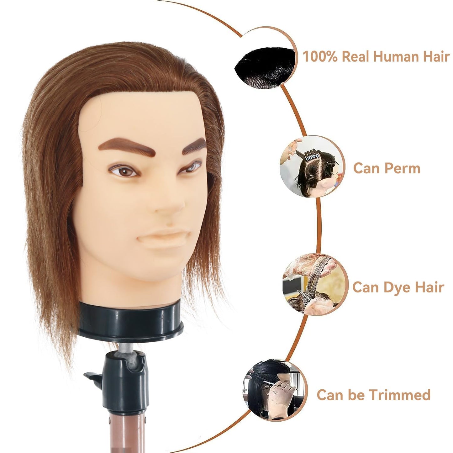 Male Mannequin Head with Human Hair 12'' Barber Mannequin Head Practice Male Haircut 100% Manikin Head Doll Head for Hairdresser Cutting Styling with Clamp Stand (Brown)