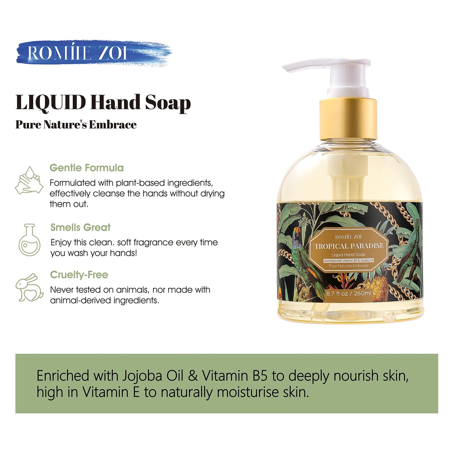 ROMIIE ZOI Liquid Hand Soap with Gift Box - Pure Nature's Embrace - Tropical Paradise - 260ml/ 8.7 fl.oz (Pack of 3)