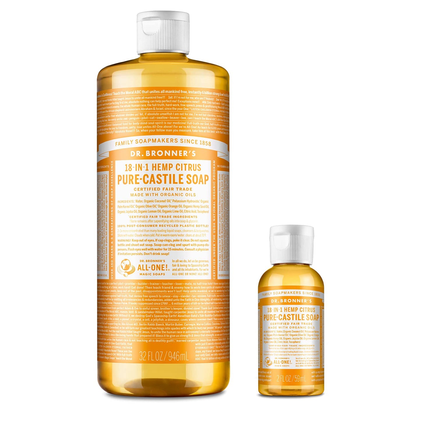 Dr. Bronner's Pure-Castile Liquid Soap – Citrus Bundle. 32 oz. Bottle and 2 oz. Travel Bottle