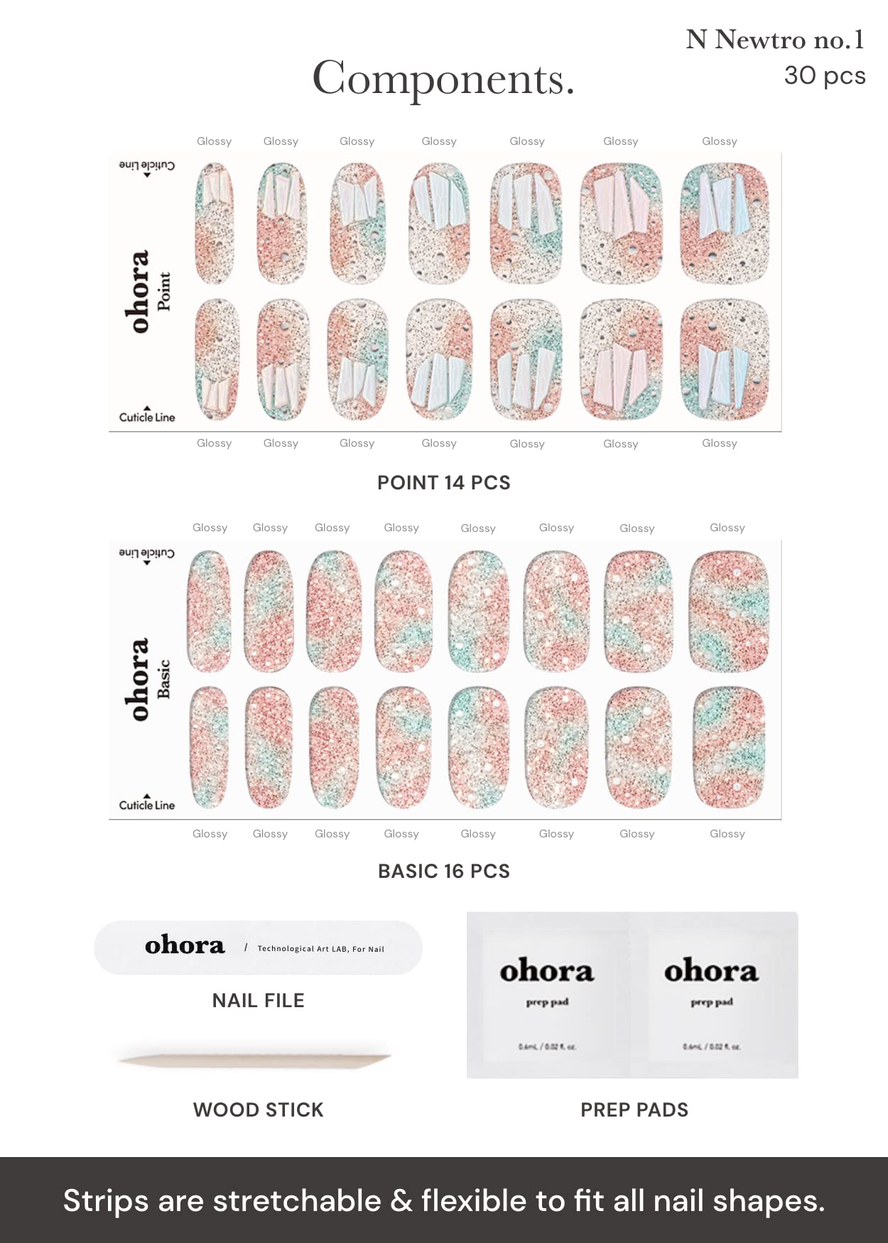 ohora Semi Cured Gel Nail Strips (N Newtro no.1) - White, Metallic, Works with UV/LED Lamps, Salon-Quality, Long Lasting, Easy to Apply & Remove - Includes 2 Prep Pads, Nail File & Wooden Stick