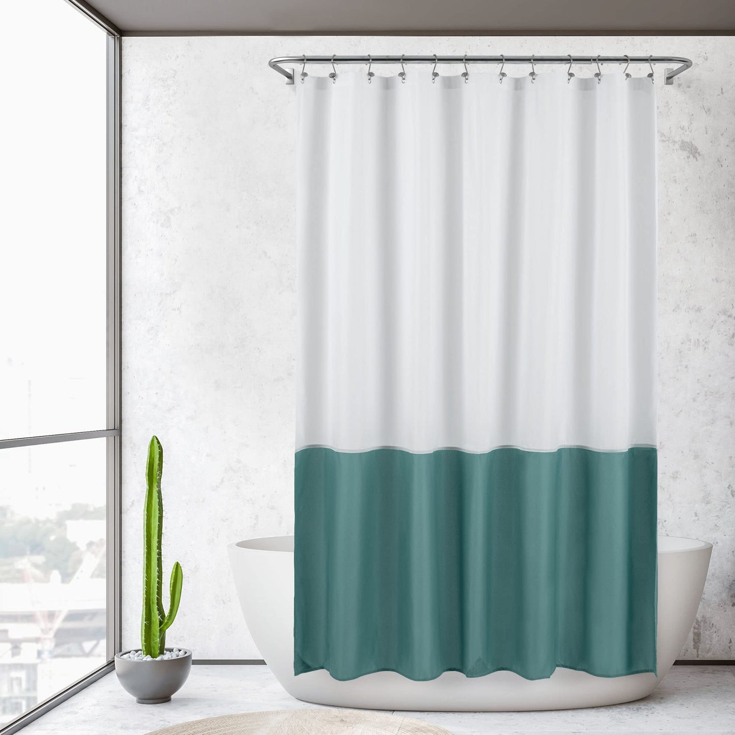 ALYVIA SPRING Waterproof Fabric Shower Curtain Liner - Soft & Light-Weight Cloth Shower Liner, 3 Bottom Magnets, Hotel Quality & Machine Washable - Standard Size 72x72, White and Teal