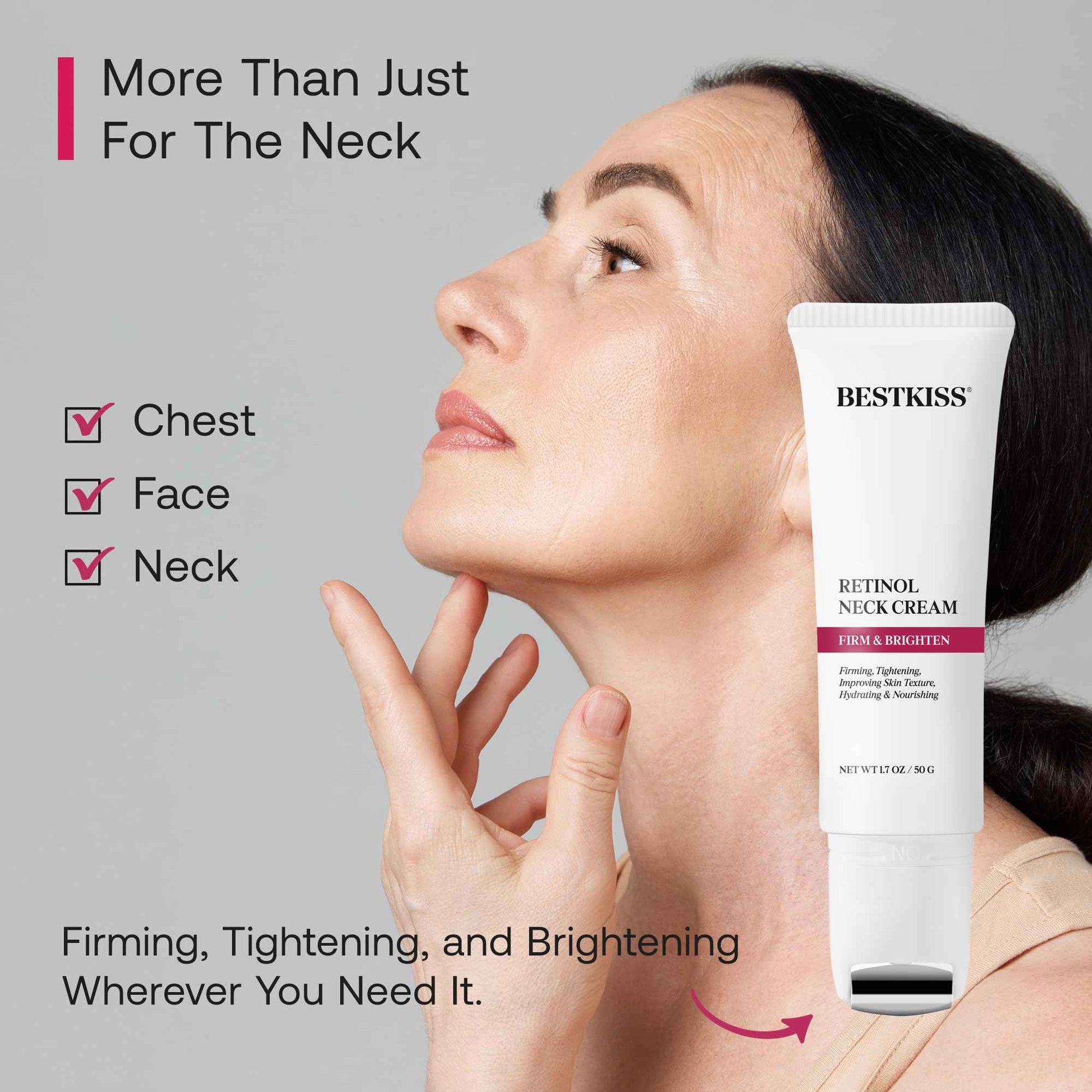 Bestkiss Retinol Neck Firming Cream with Cooling & Massaging Roller Applicator - Hydrates, Lifts, Smoothes Wrinkles, Fine Lines & Tightens Sagging Skin with Niacinamide & Hyaluronic Acid, 1.7oz/50g