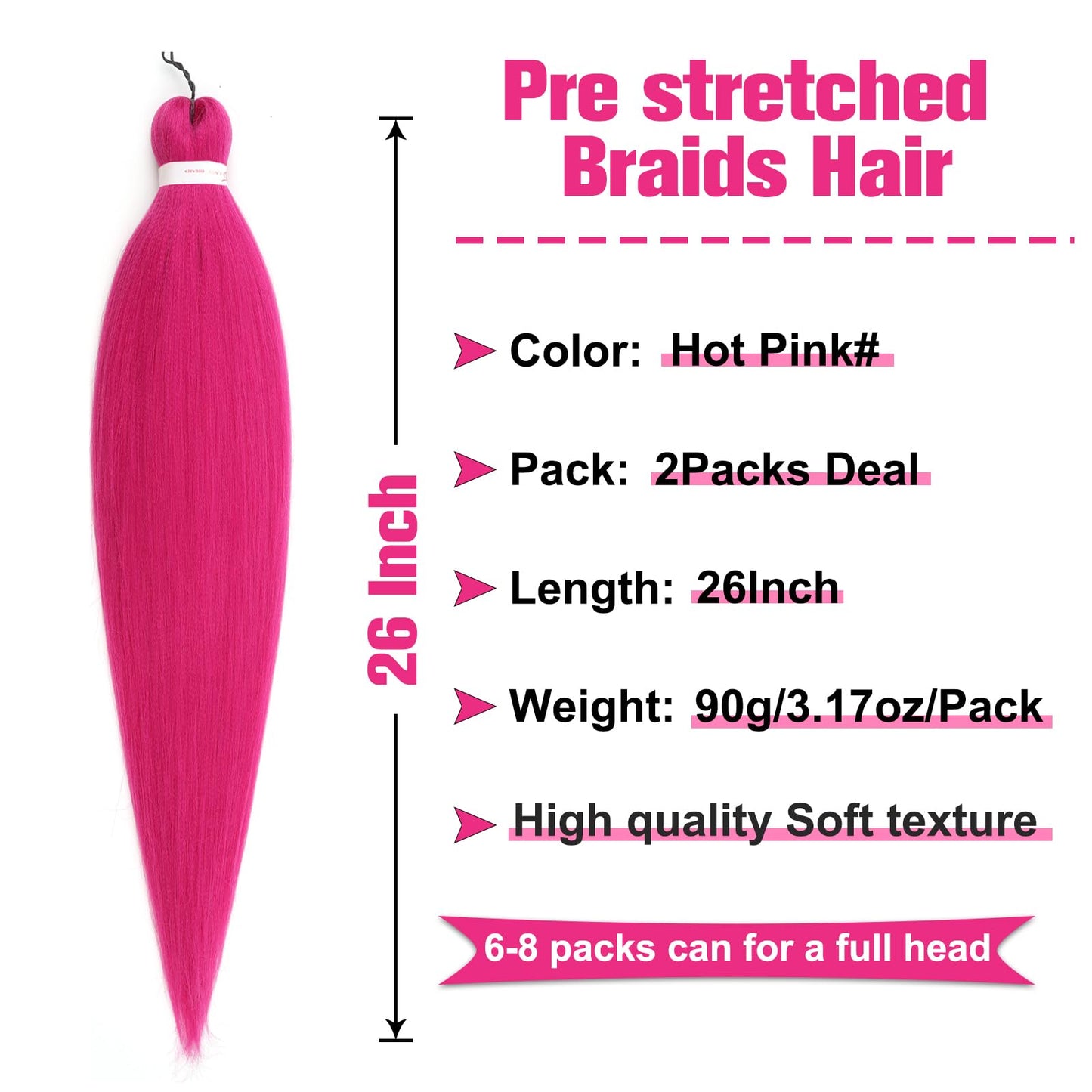 Unionbeauty Hot Pink Pre Stretched Braiding Hair 26 Inch 2 Packs Dark Pink Braiding Hair for Box Braids Yaki Texture Hot Water Setting Crochet Braid Hair Extensions Synthetic Braiding Hair(Hot Pink#)