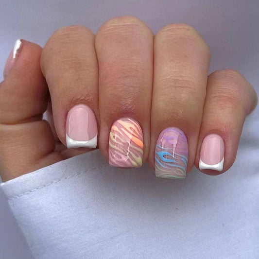 Press on Nails Short White French Tip Square Fake Nails Rainbow Glossy Glue on Nails Pink Full Cover Artificial Nails Zebra Print Stick on Nails for Women Girl, 24Pcs