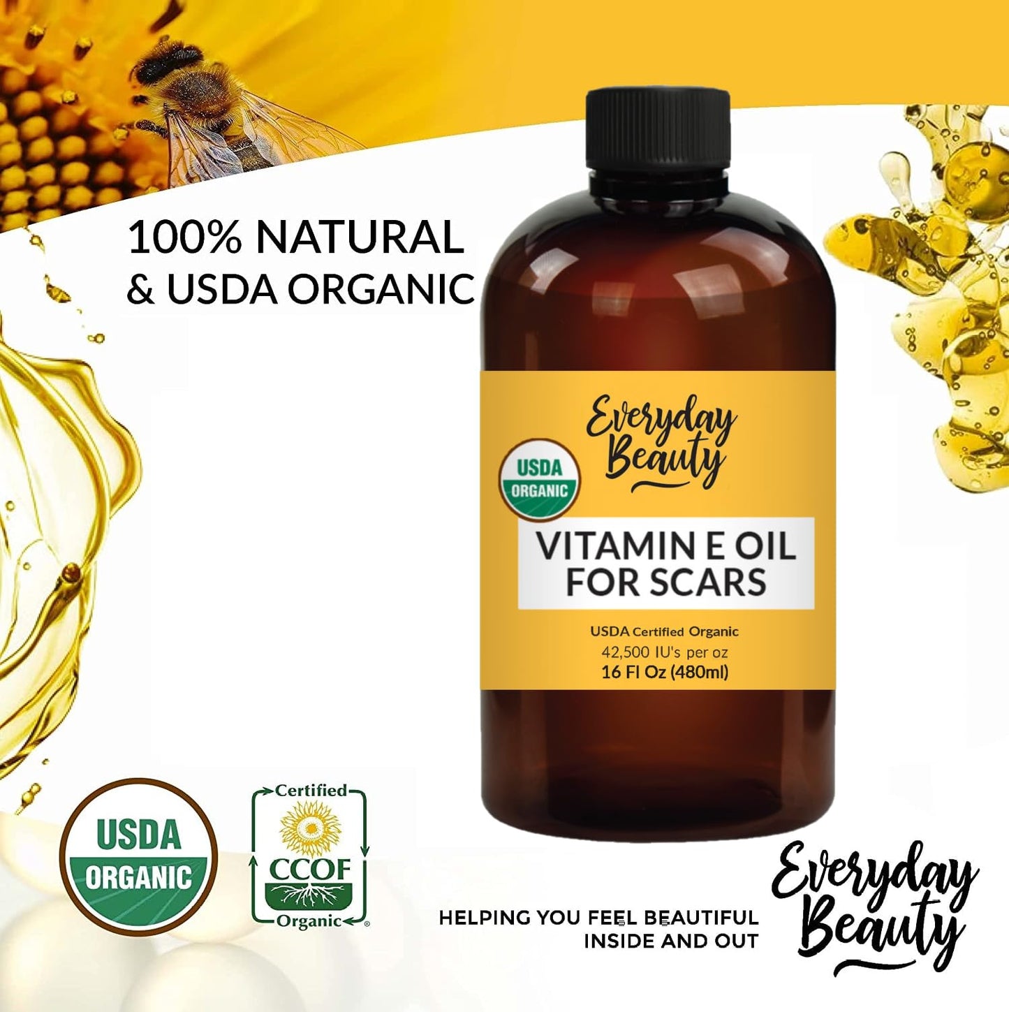 Organic Vitamin E Oil for Scars - All Natural & Vegan Skin Moisturizer 16oz - Light & Unscented Great for Scars After Surgery - Reduce Wrinkles, Anti Aging, Lighten Dark Spots - Face, Skin & All Over