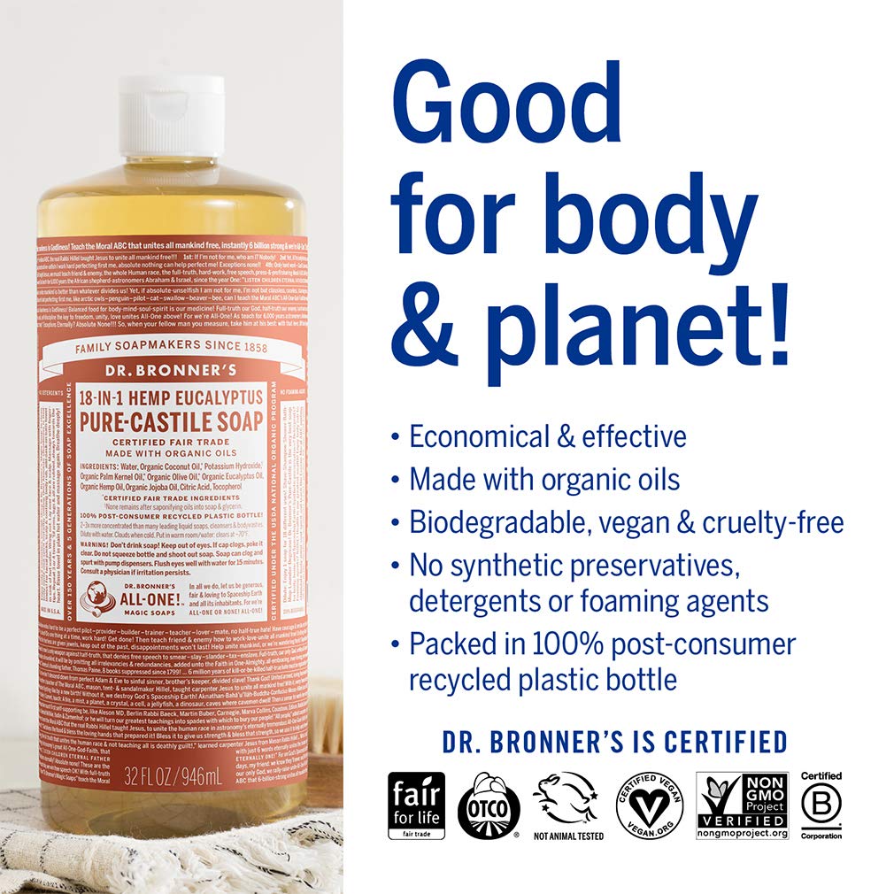 Dr. Bronner's - Pure-Castile Liquid Soap (Eucalyptus, 32 ounce) - Made with Organic Oils, 18-in-1 Uses: Face, Body, Hair, Laundry, Pets & Dishes, Concentrated, Vegan, Non-GMO