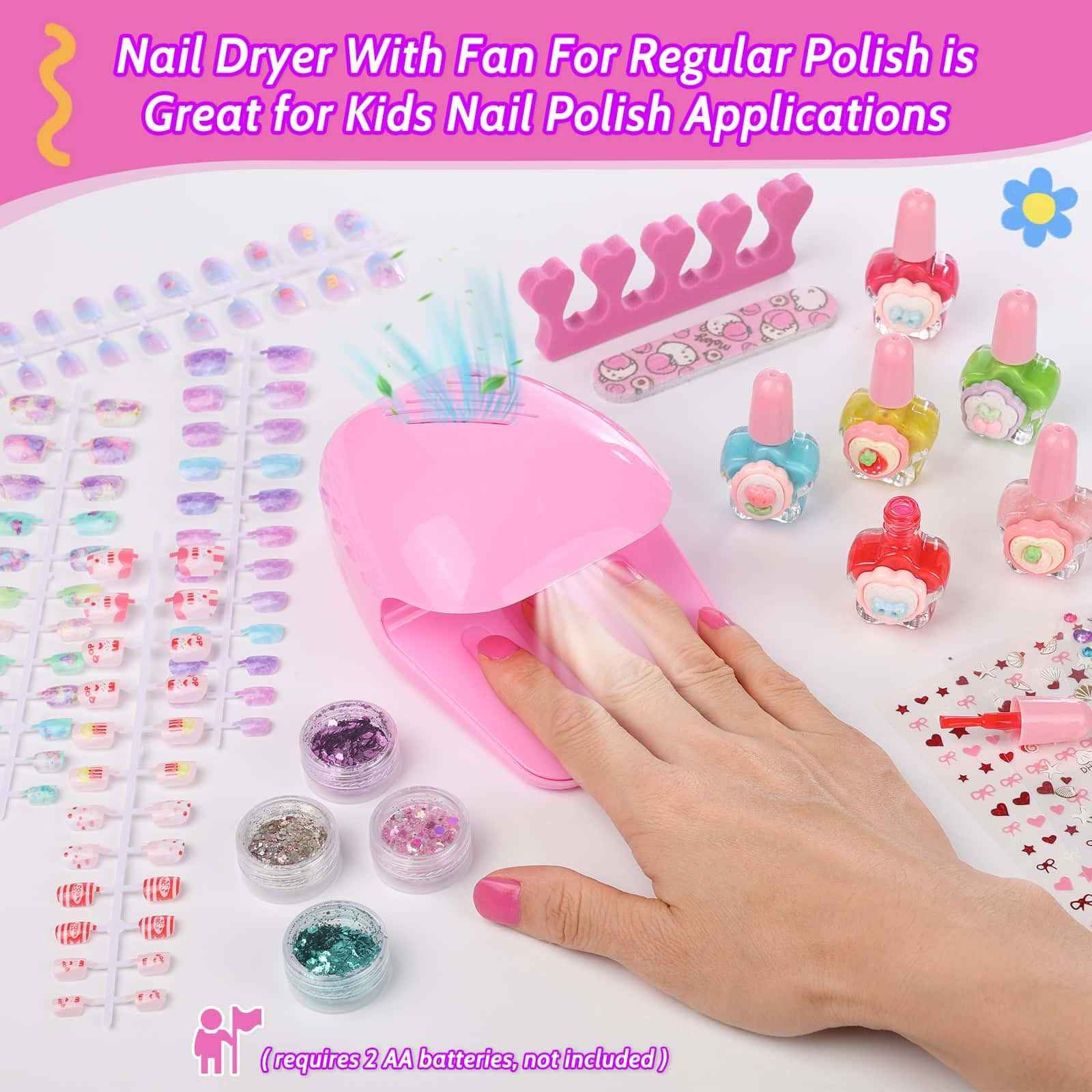 Kids Nails and Nail Polish for Girls, 144 Mini Press On for Kids, 12 Non-Toxic Nail Polish, Dryer, Gems Stickers, Cute Nail Stuff Gift for Girls Age 8-12