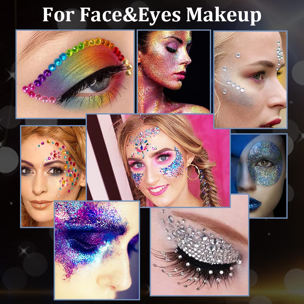 50g Holographic Purplish Red Chunky Glitter+2 Sheets of Rhinestone Sticker Clear+Colorful Rhinestones for Face Glitter with Multi-Shapes for Body Eye Makeup Set for Rave Party+Quick Dry Makeup Glue