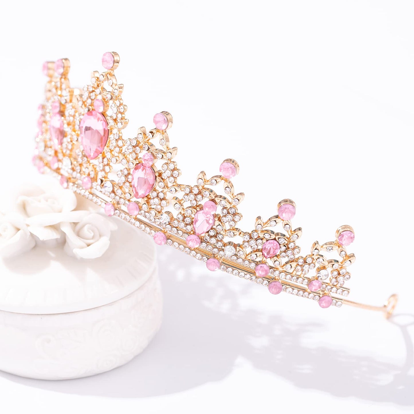 FORSEVEN Crystal Tiaras for Women, Wedding Tiaras and Crowns for Women Tiaras for Girls Birthday Party Princess Crown Hair Accessories Bride Rhinestone Headbands (Gold+Pink)