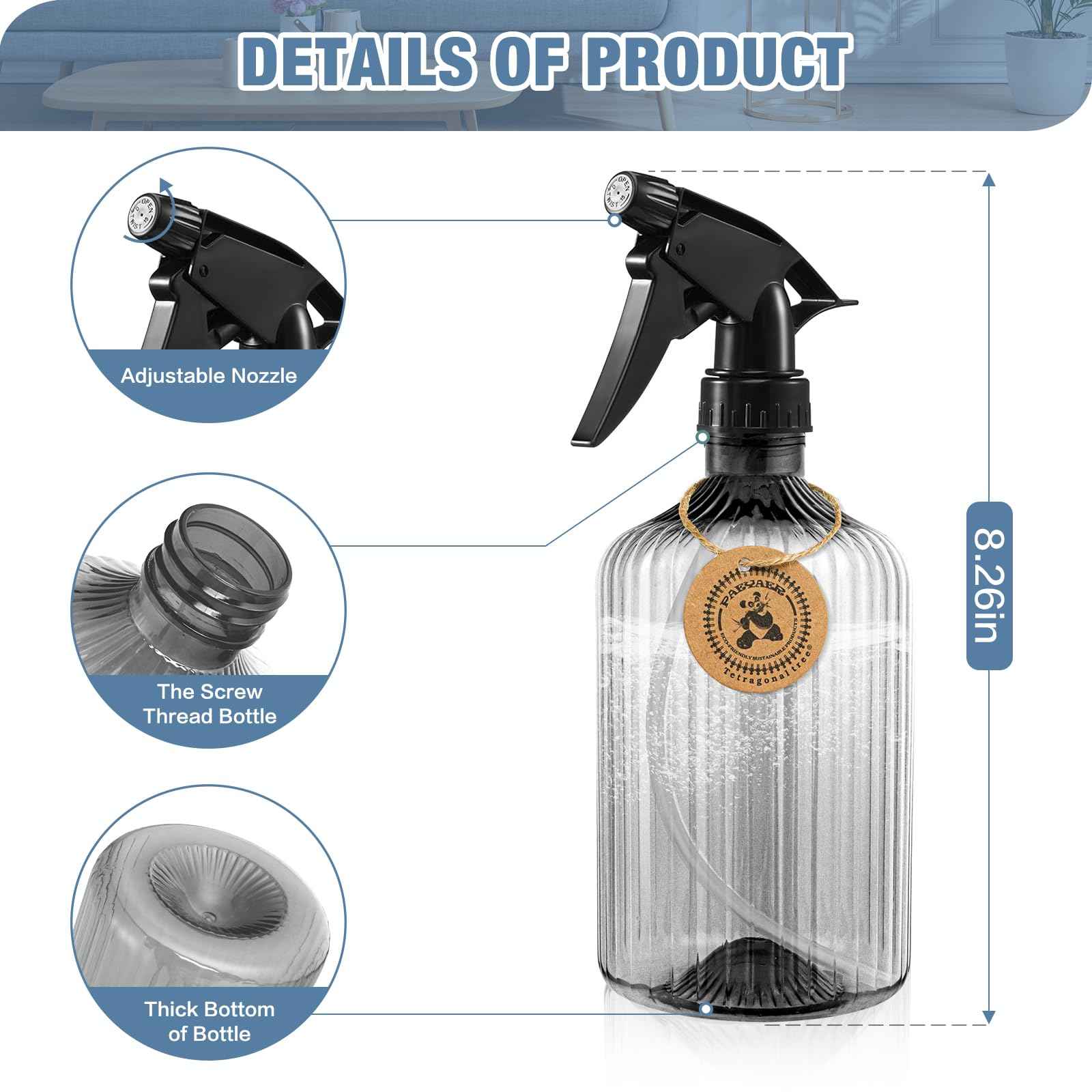 paeyaer 2 Pcs Spray Bottles, 18 oz Empty Water Spray Bottles, Plastic Reusable Adjustable Mist Sprayer Squirt Bottles Containers Refillable for Cleaning Solutions, Gardening, Plants